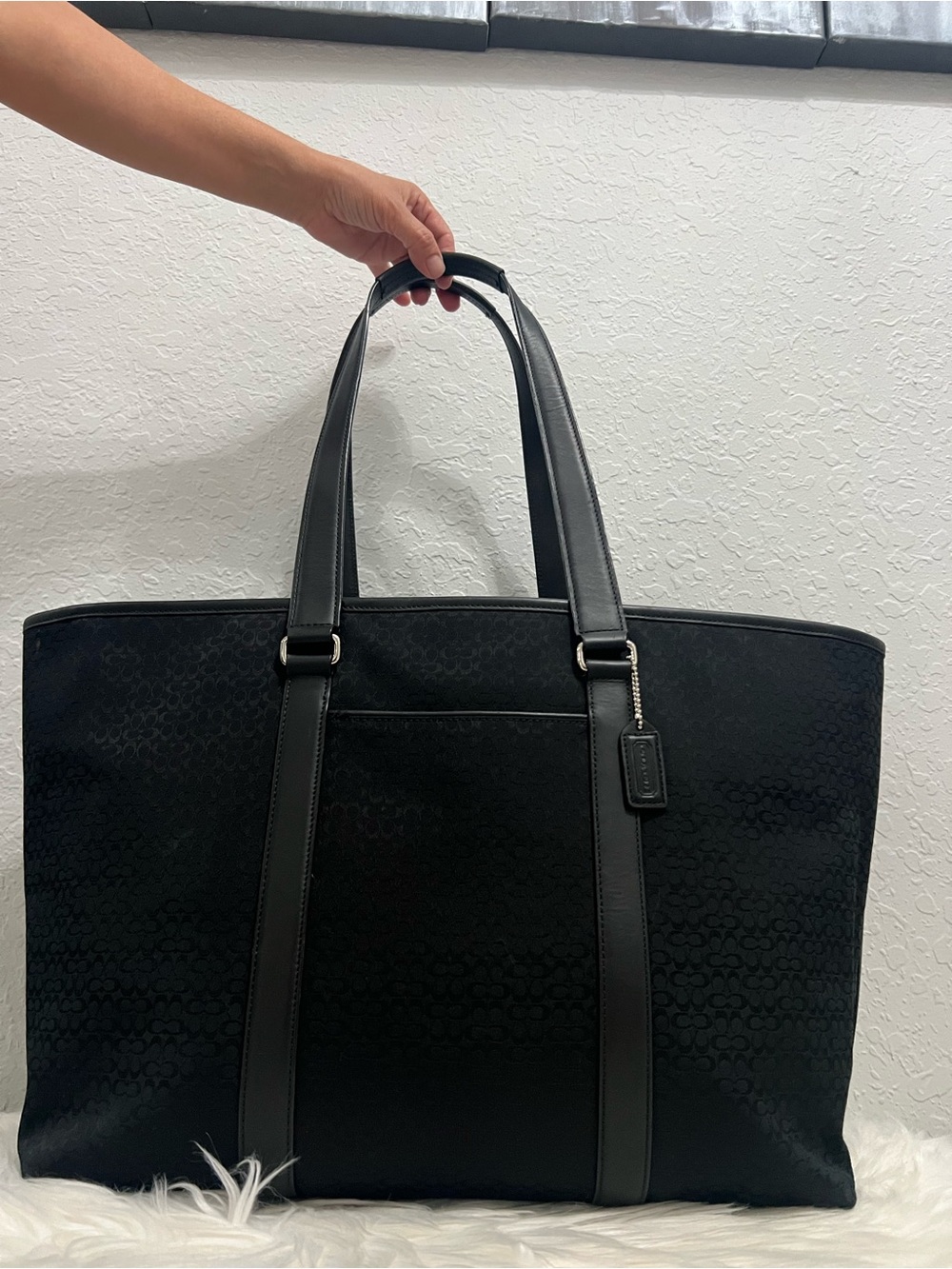 Coach Black Signature Canvas Tote Bag with Leather Trim